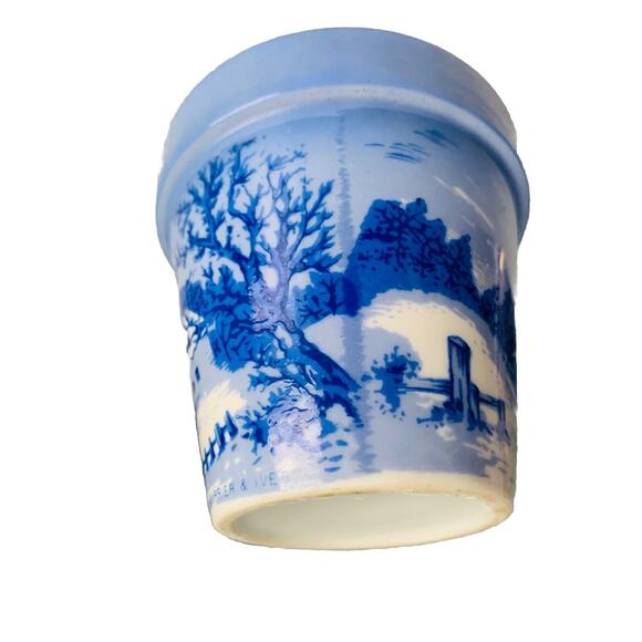VintageCurrier & Ives The Old Homestead In Winter Ceramic Planter Pot Blue White - Picture 11 of 11